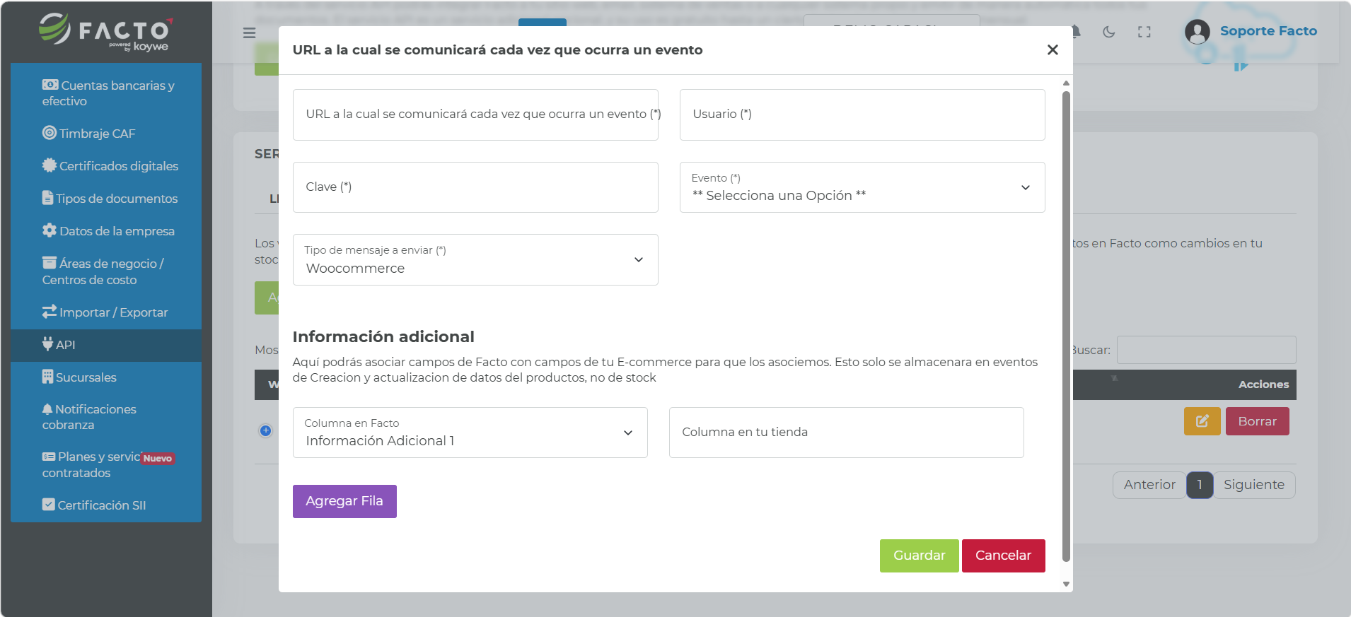 Ventana emergente para agregar una suscripción Webhooks con los campos URL, Usuario, Clave, Evento y Tipo de mensaje a enviar