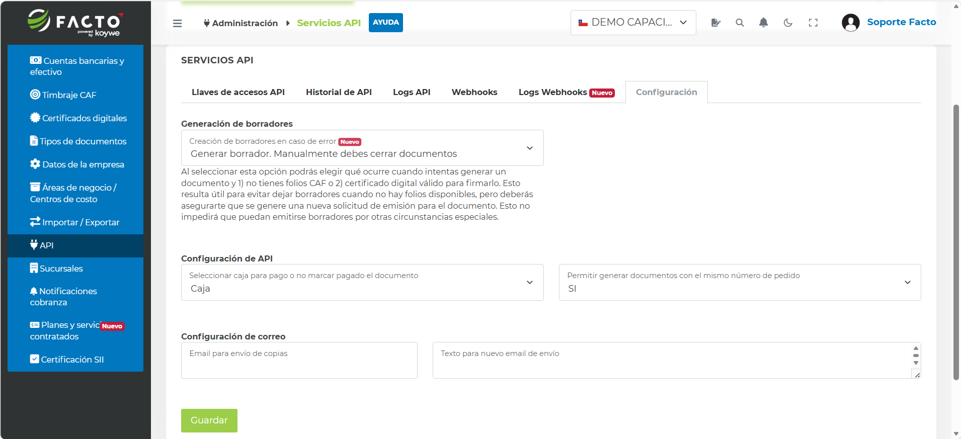 Pestaña Configuración de API con el campo para seleccionar la caja donde se registran los pagos de los documentos emitidos por API