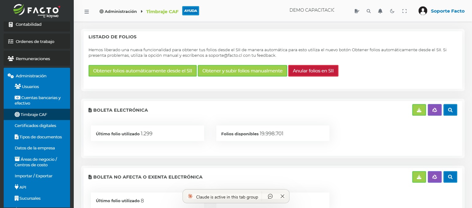 Pantalla de Timbraje CAF en FACTO mostrando folios disponibles por tipo de documento