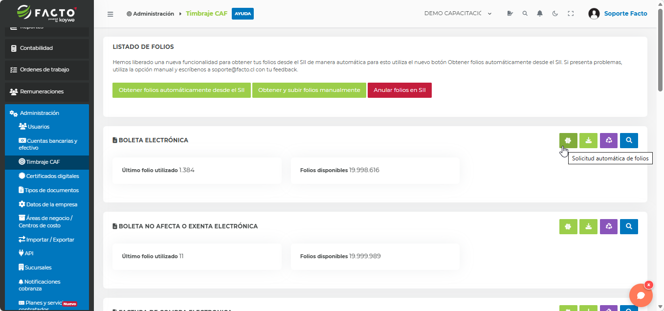 Pantalla de Timbraje CAF en FACTO mostrando folios disponibles por tipo de documento