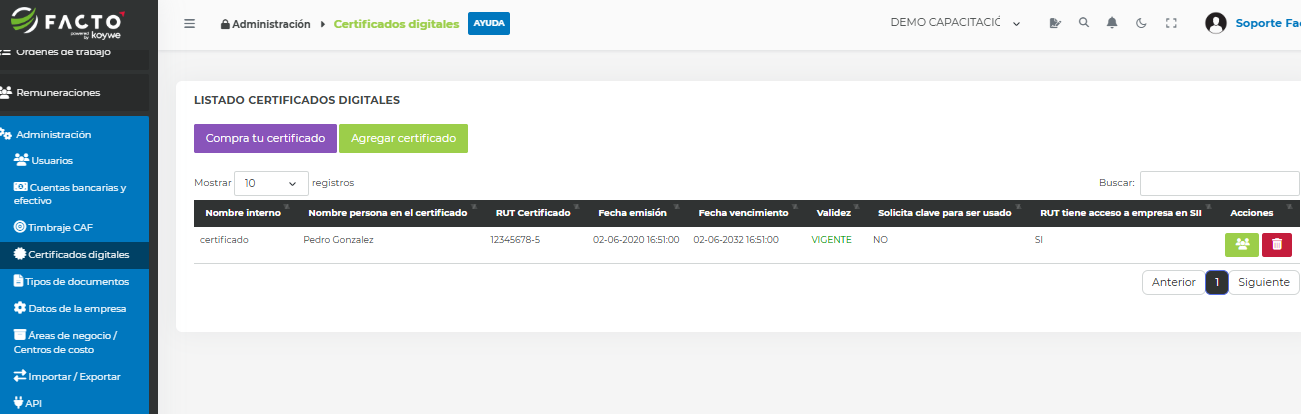 Pantalla de certificados digitales en FACTO mostrando el listado