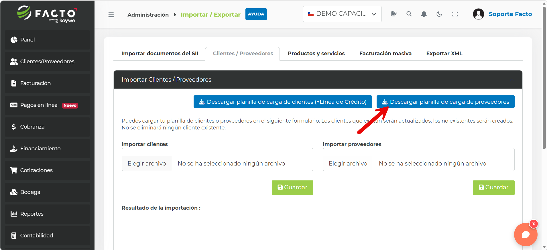 Pestaña Clientes / Proveedores con el botón Descargar planilla de carga de proveedores destacado