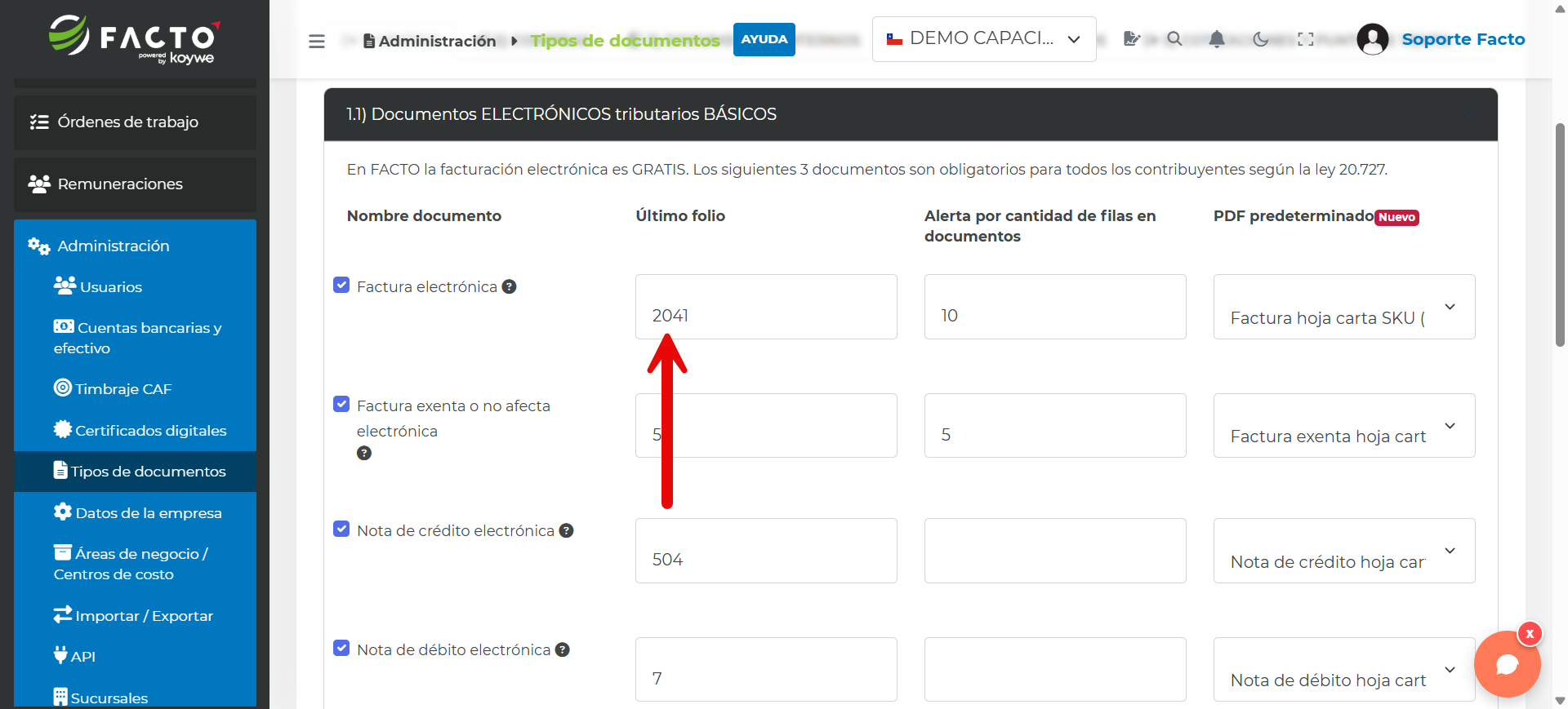 Columna Último folio en la pantalla de Tipos de documentos con una flecha señalando el campo para ingresar el número de folio