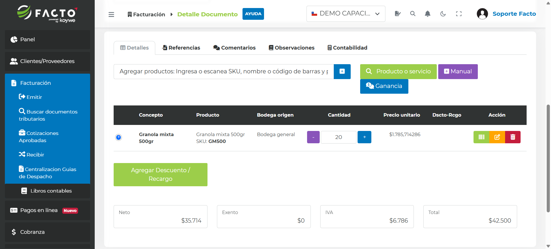 Detalle del documento Registro interno disminuye stock con el SKU y la cantidad de productos agregados