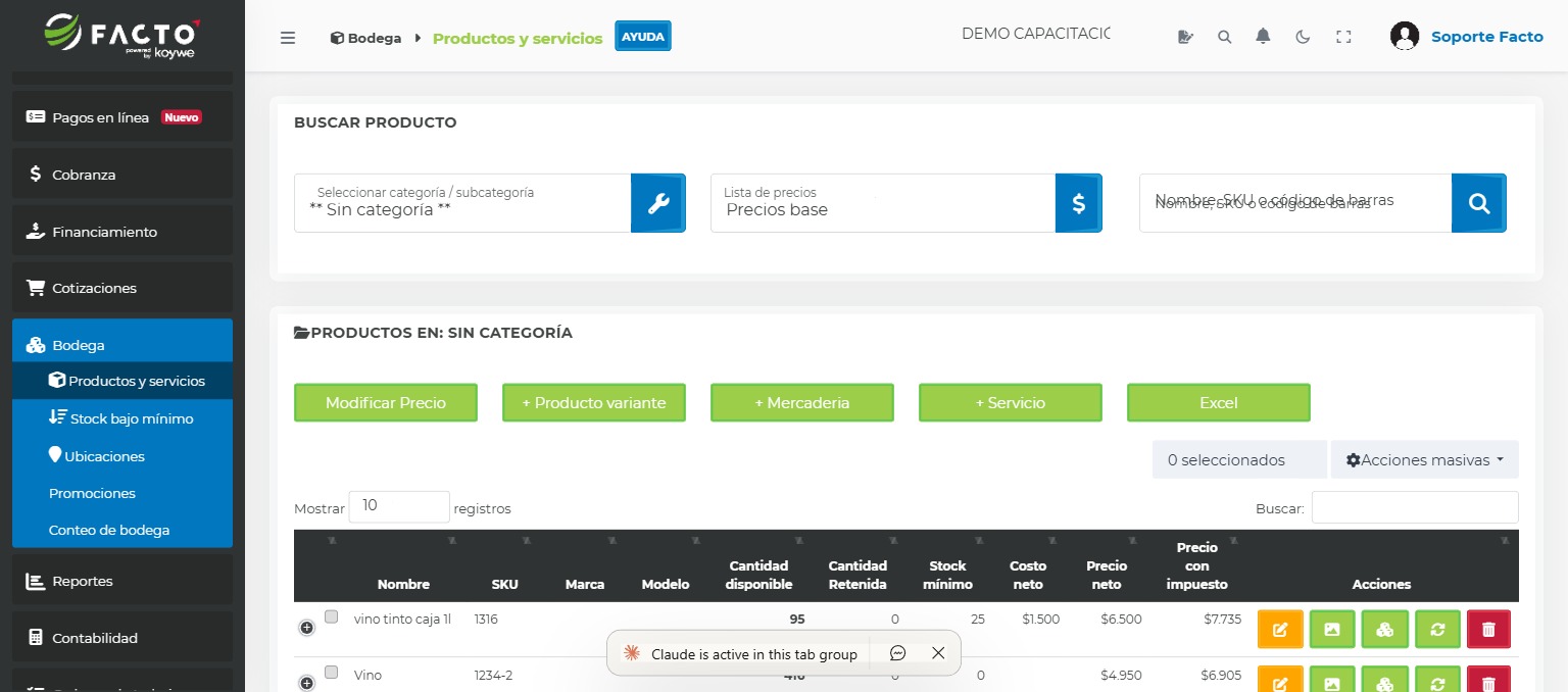 Listado de productos y servicios en la Bodega de FACTO con stock disponible