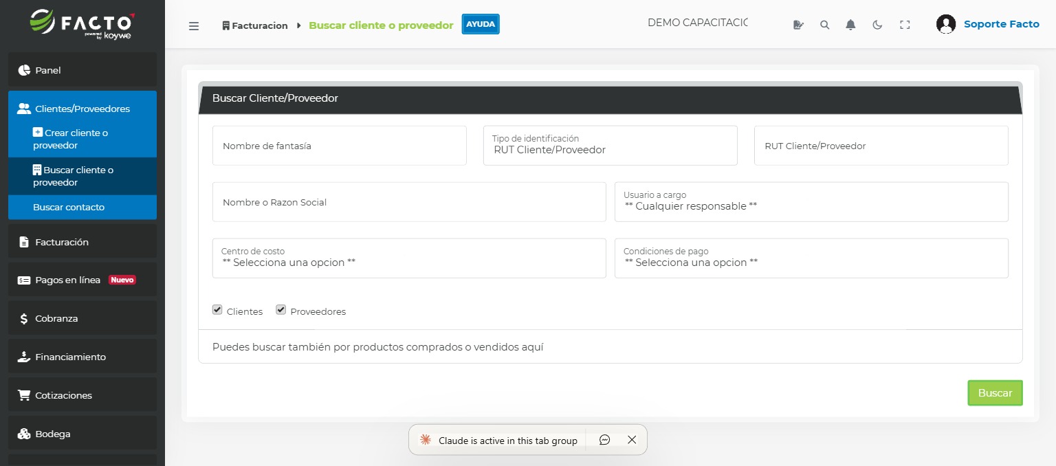 Formulario de búsqueda de clientes y proveedores en FACTO