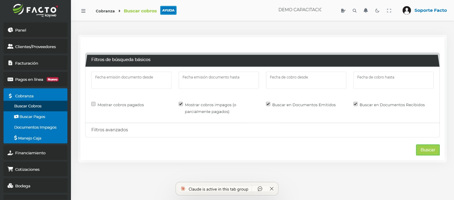 Buscador de cobros en FACTO con filtros básicos y avanzados