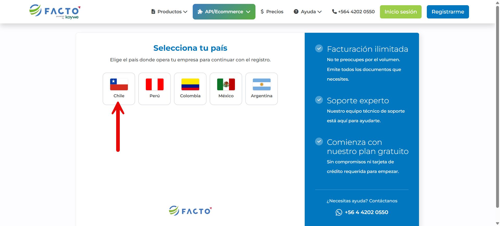 Selección de país Chile en el registro de FACTO