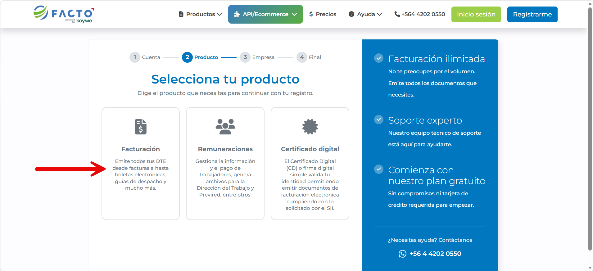 Selección del producto Facturación