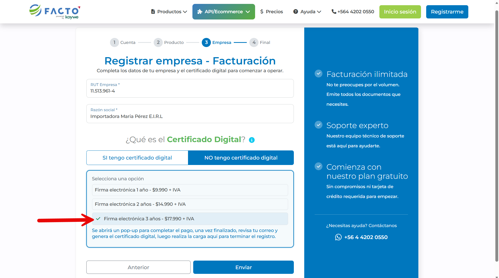 Selección de la duración del certificado digital