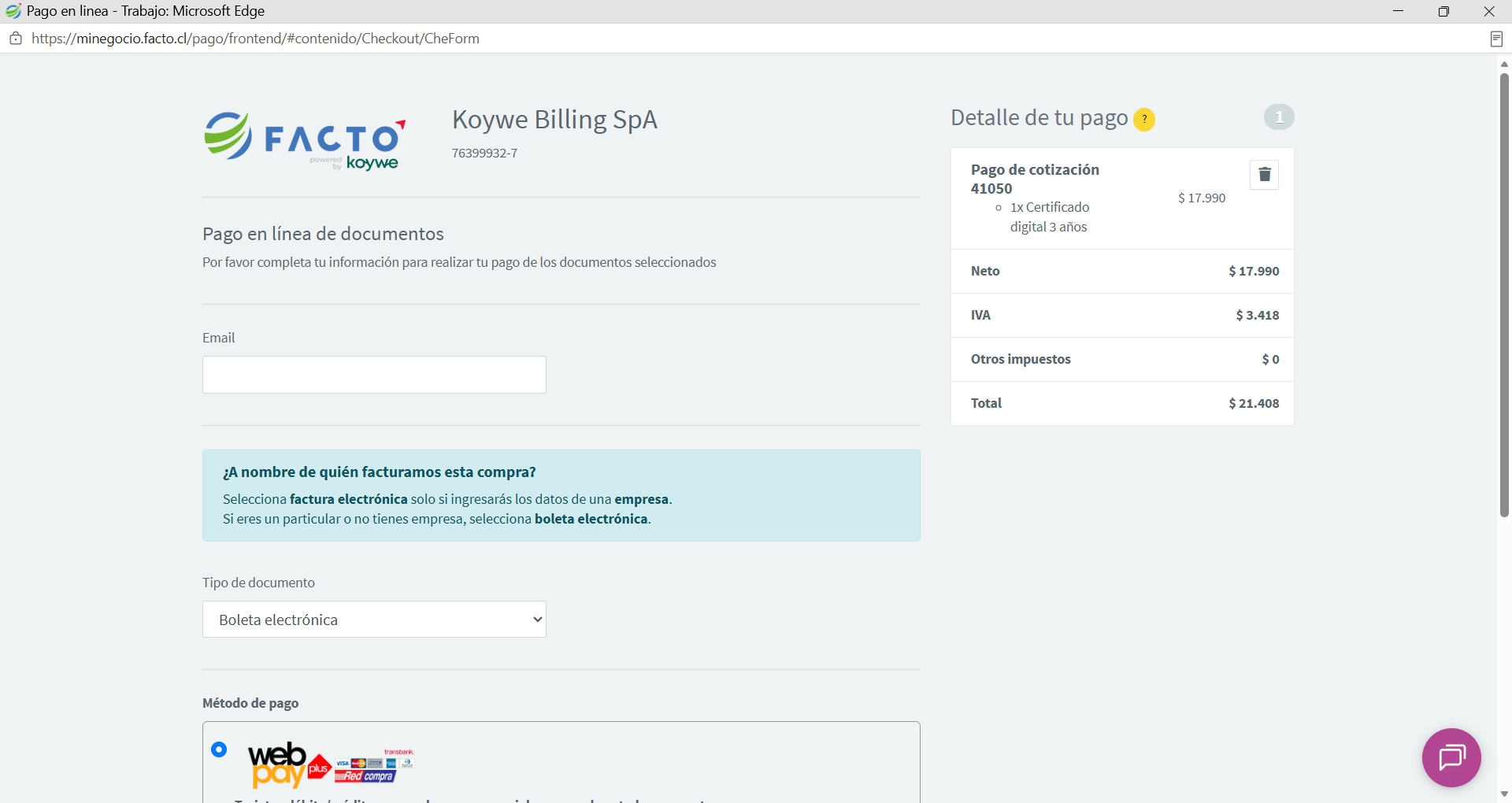 Botón Enviar para pagar el certificado digital
