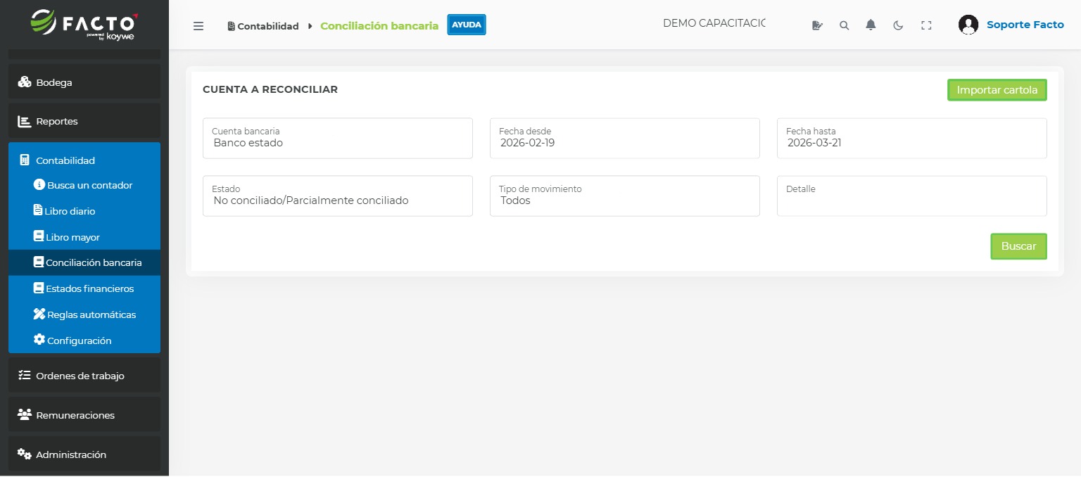 Pantalla de Conciliación bancaria en FACTO con selección de cuenta y rango de fechas