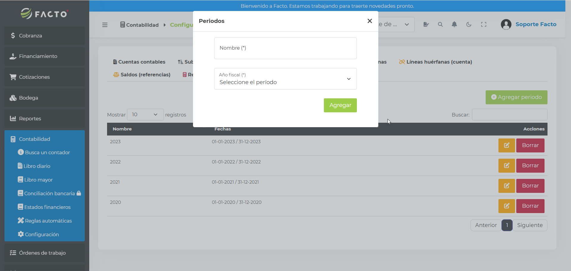 Modal Periodos con nombre y selector de año fiscal