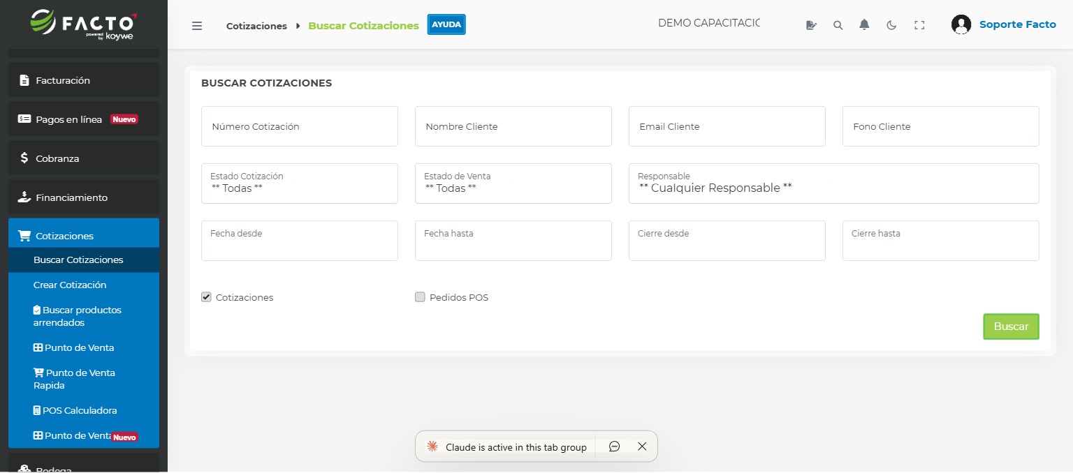 Buscador de cotizaciones en FACTO con filtros por estado y fecha