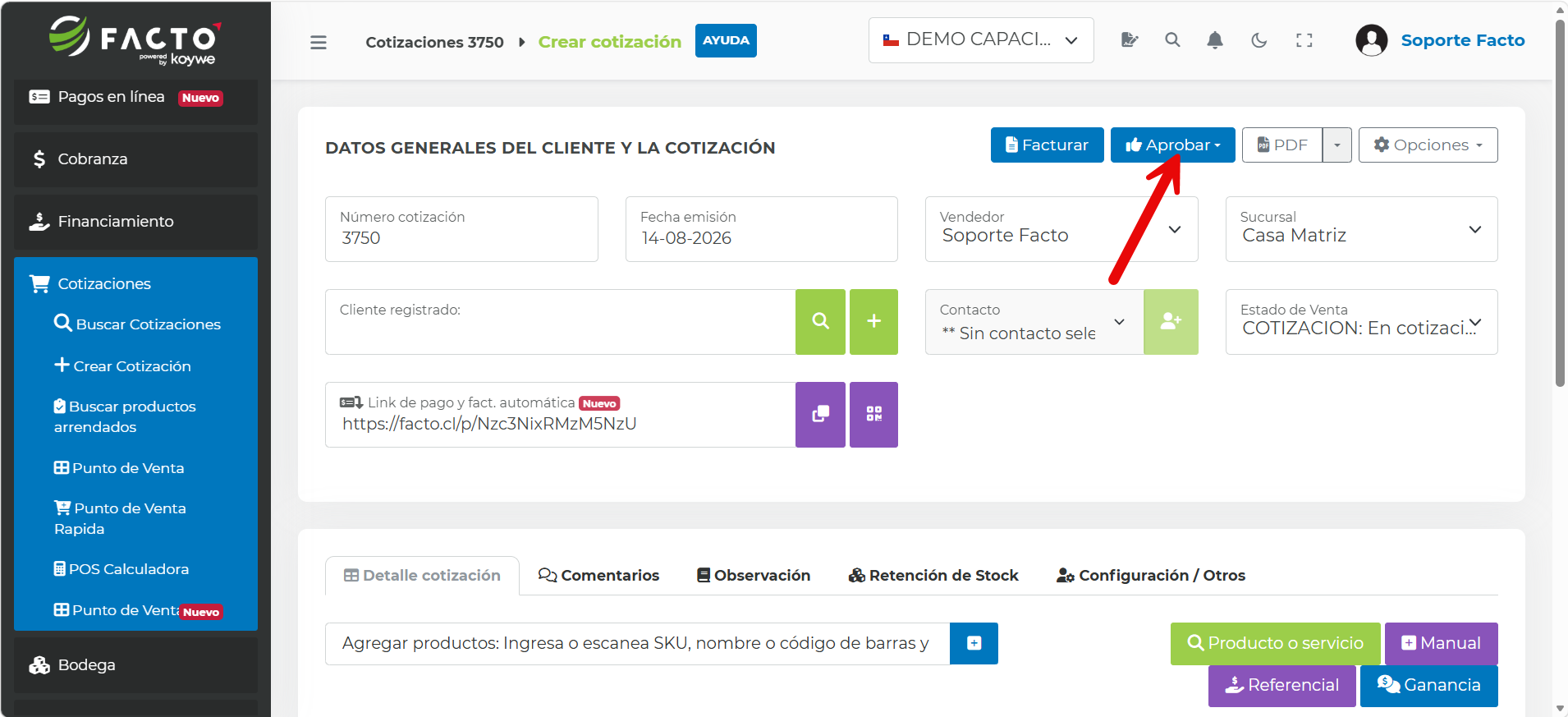 Botón Aprobar en la cotización