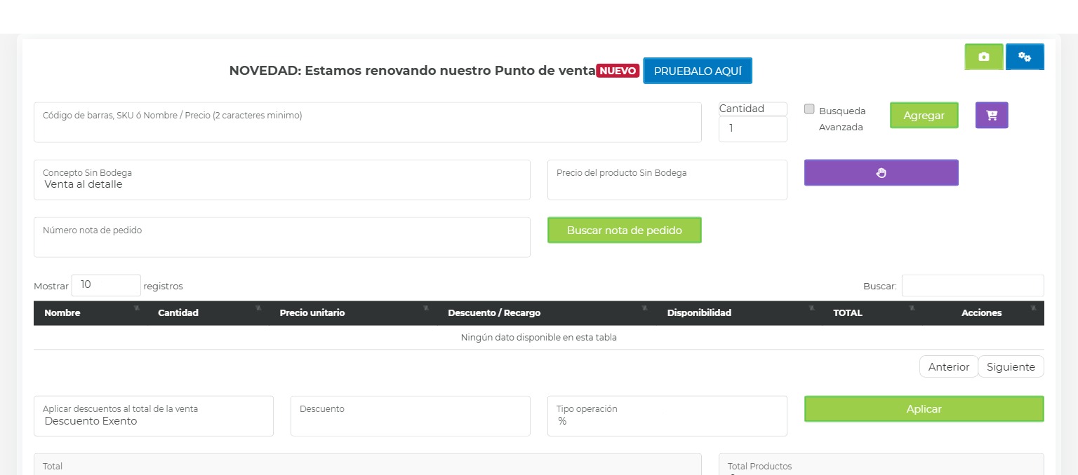 Interfaz del Punto de Venta de FACTO con buscador de productos y carrito
