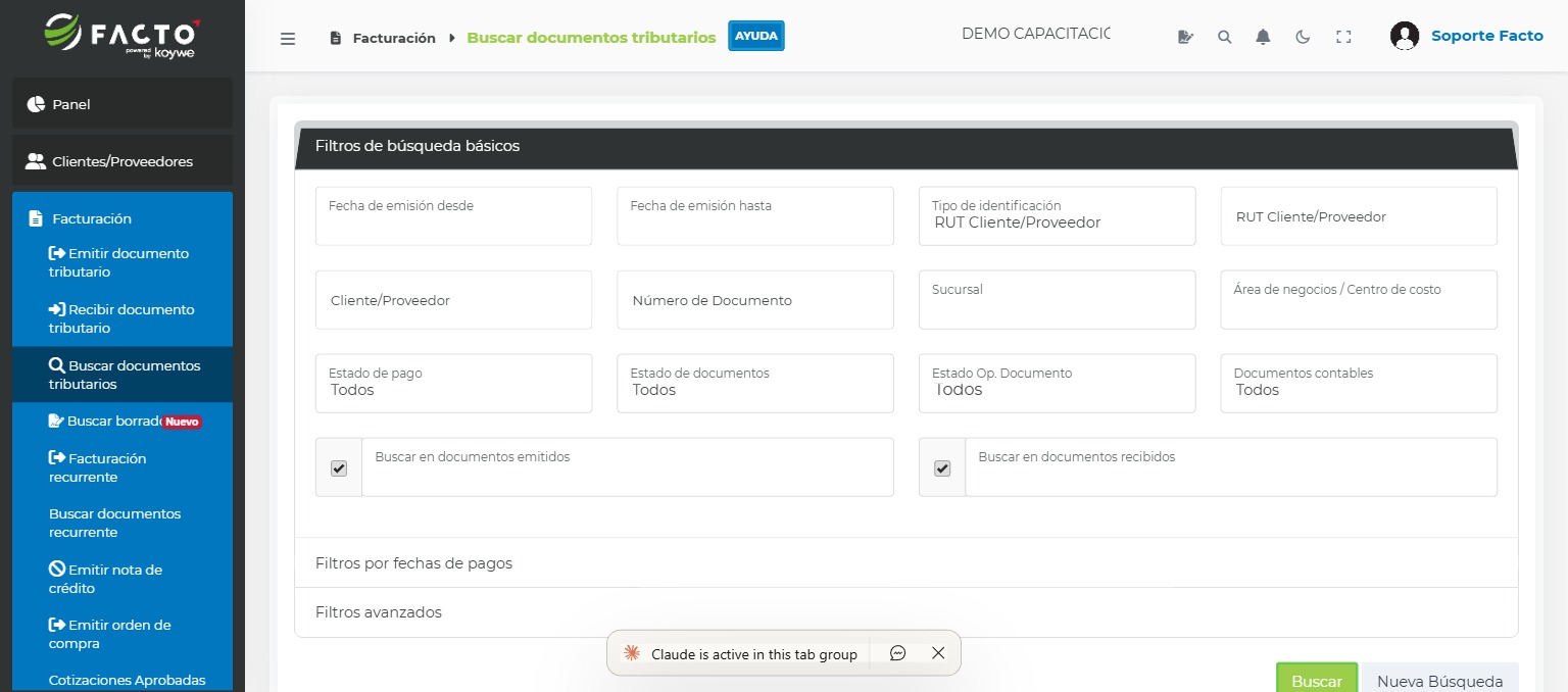 Pantalla de búsqueda de documentos tributarios emitidos y recibidos en FACTO