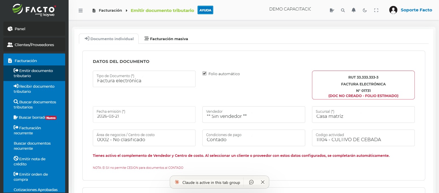 Formulario para emitir un documento tributario en FACTO con selector de tipo de documento