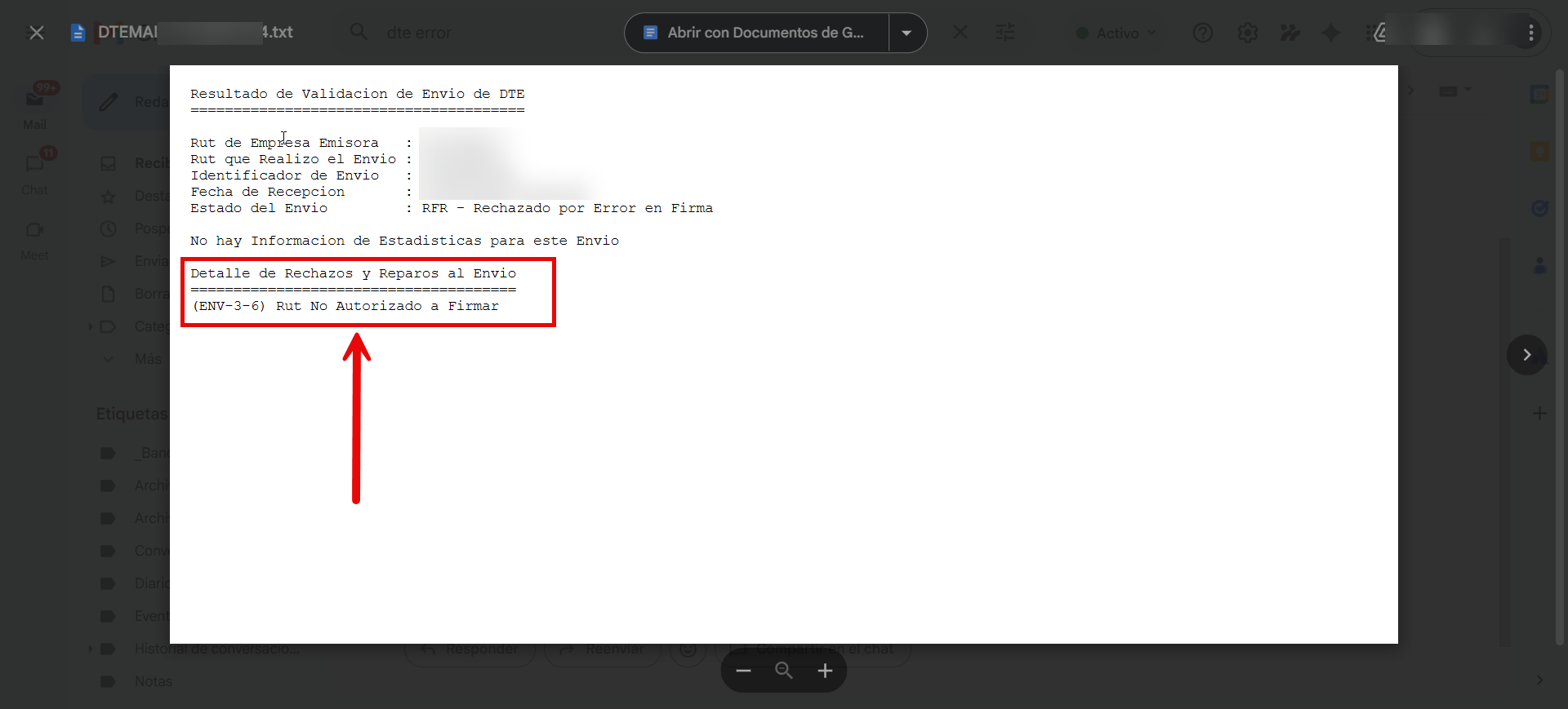 Contenido del archivo .txt con el motivo de rechazo