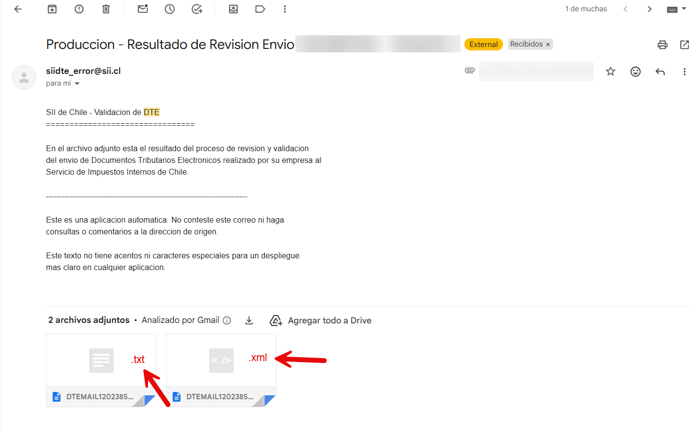 Email del SII con los archivos adjuntos .txt y .xml