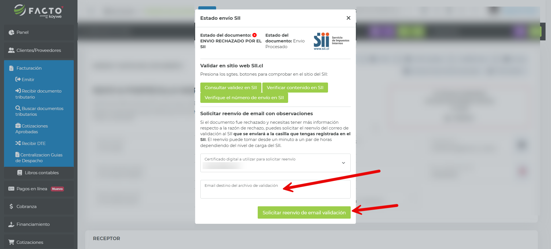 Formulario para solicitar el reenvío del email de validación del SII