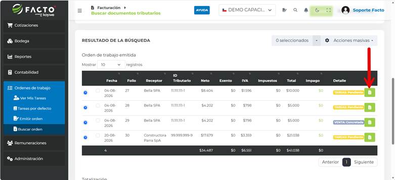 Resultado de búsqueda de Órdenes de Trabajo con el botón para ingresar a una orden destacado en FACTO