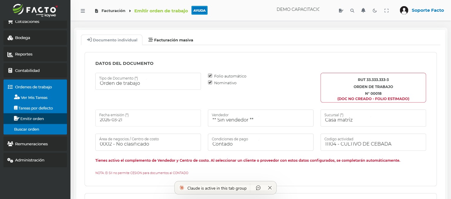 Formulario para emitir una Orden de Trabajo en FACTO