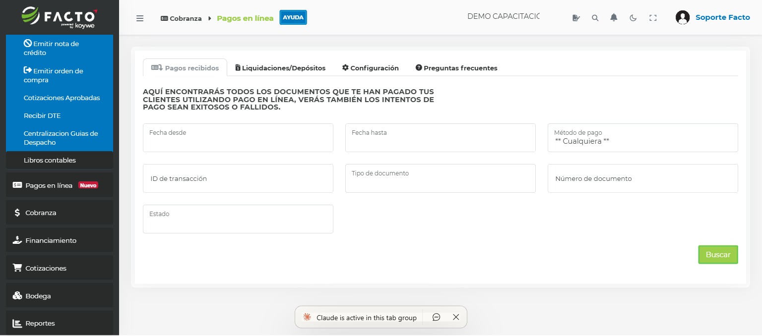 Pantalla de Pagos en línea recibidos en FACTO con filtros por fecha y método de pago