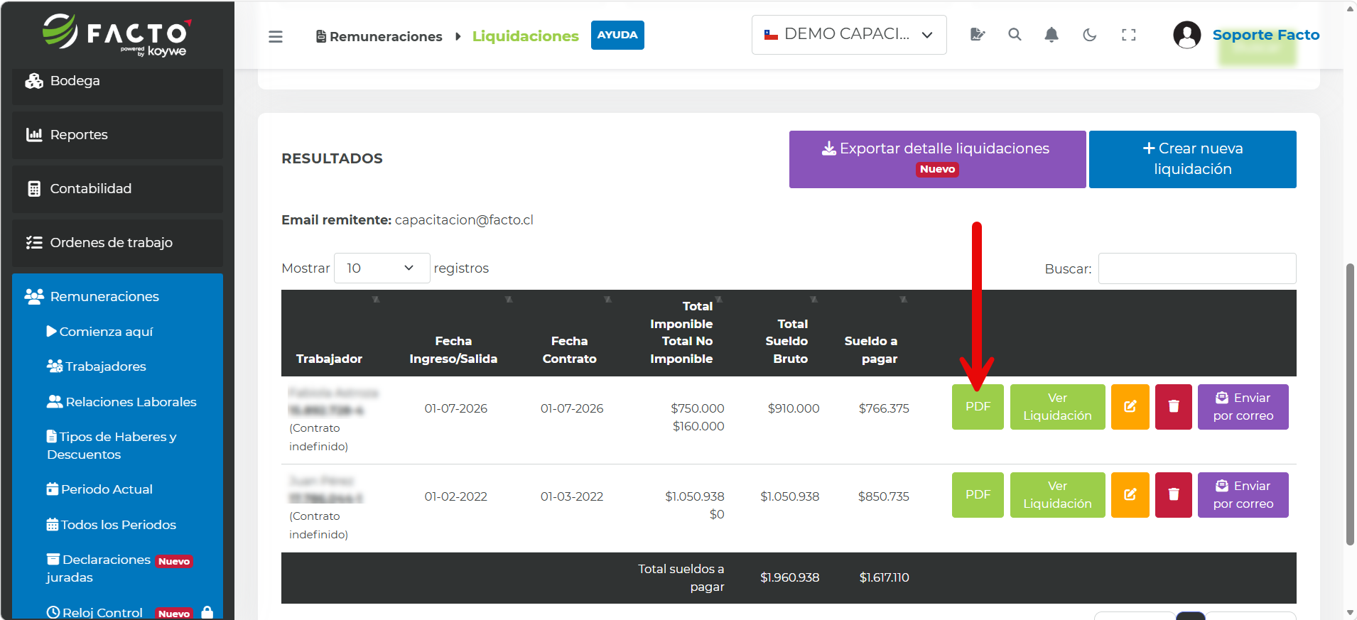 Detalle en PDF de la liquidación del trabajador