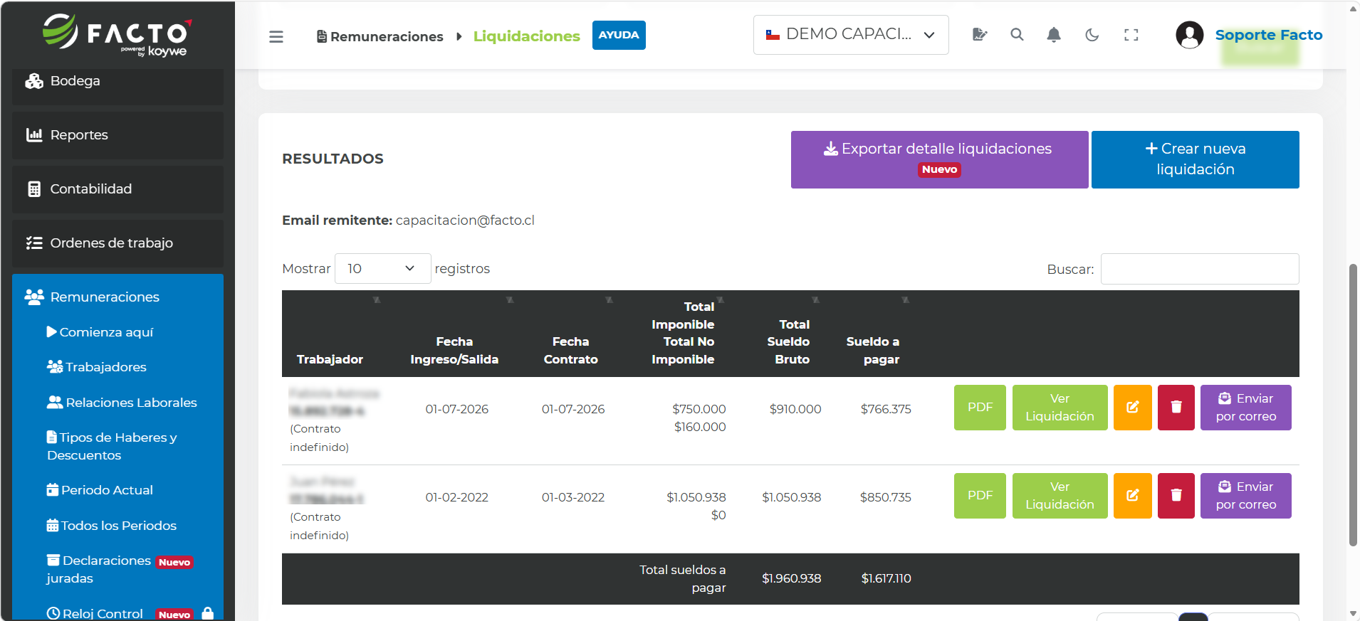 Listado de liquidaciones creadas dentro del período