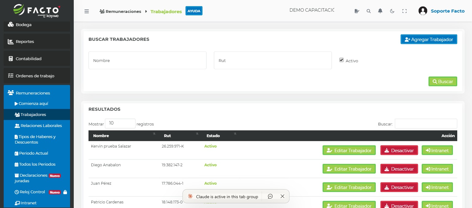Listado de trabajadores activos en el módulo de Remuneraciones de FACTO