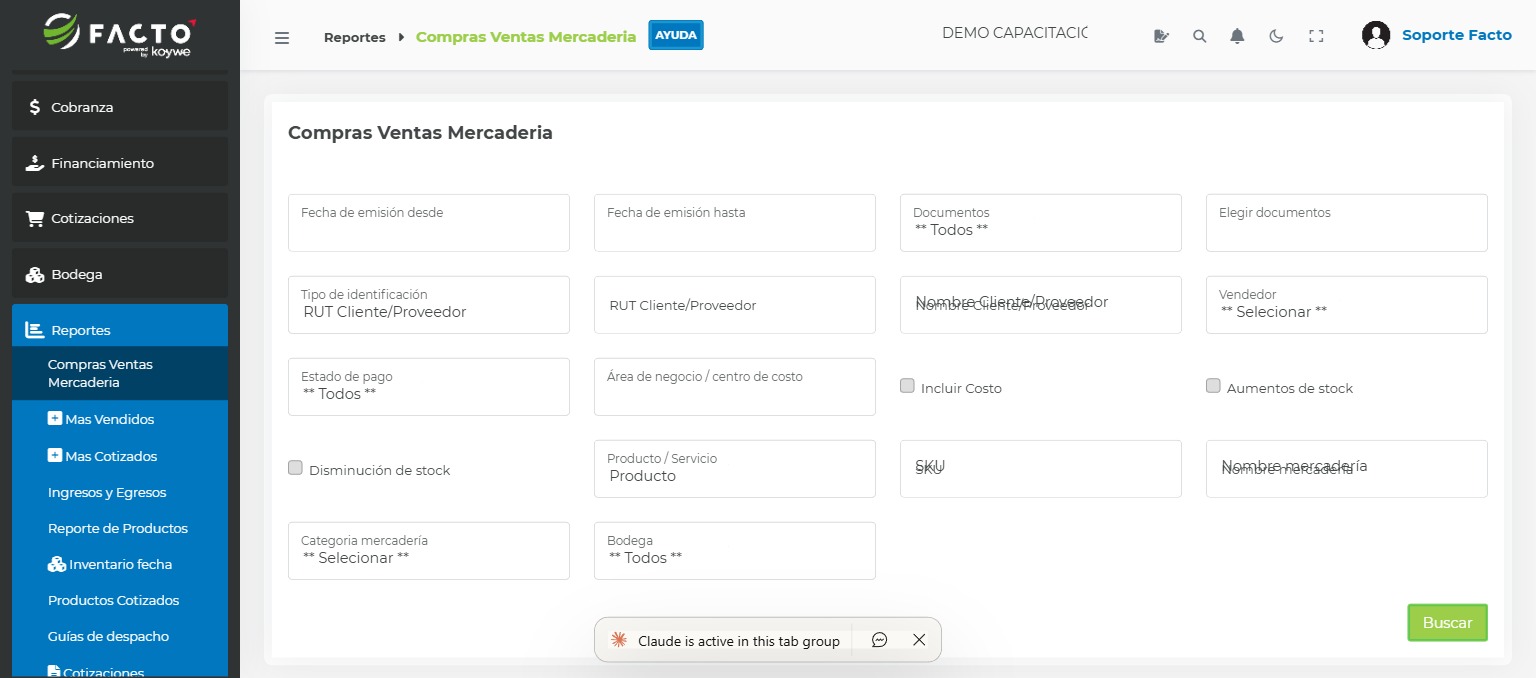 Reporte de Ingresos y Egresos en FACTO con filtros de fecha y centro de costo